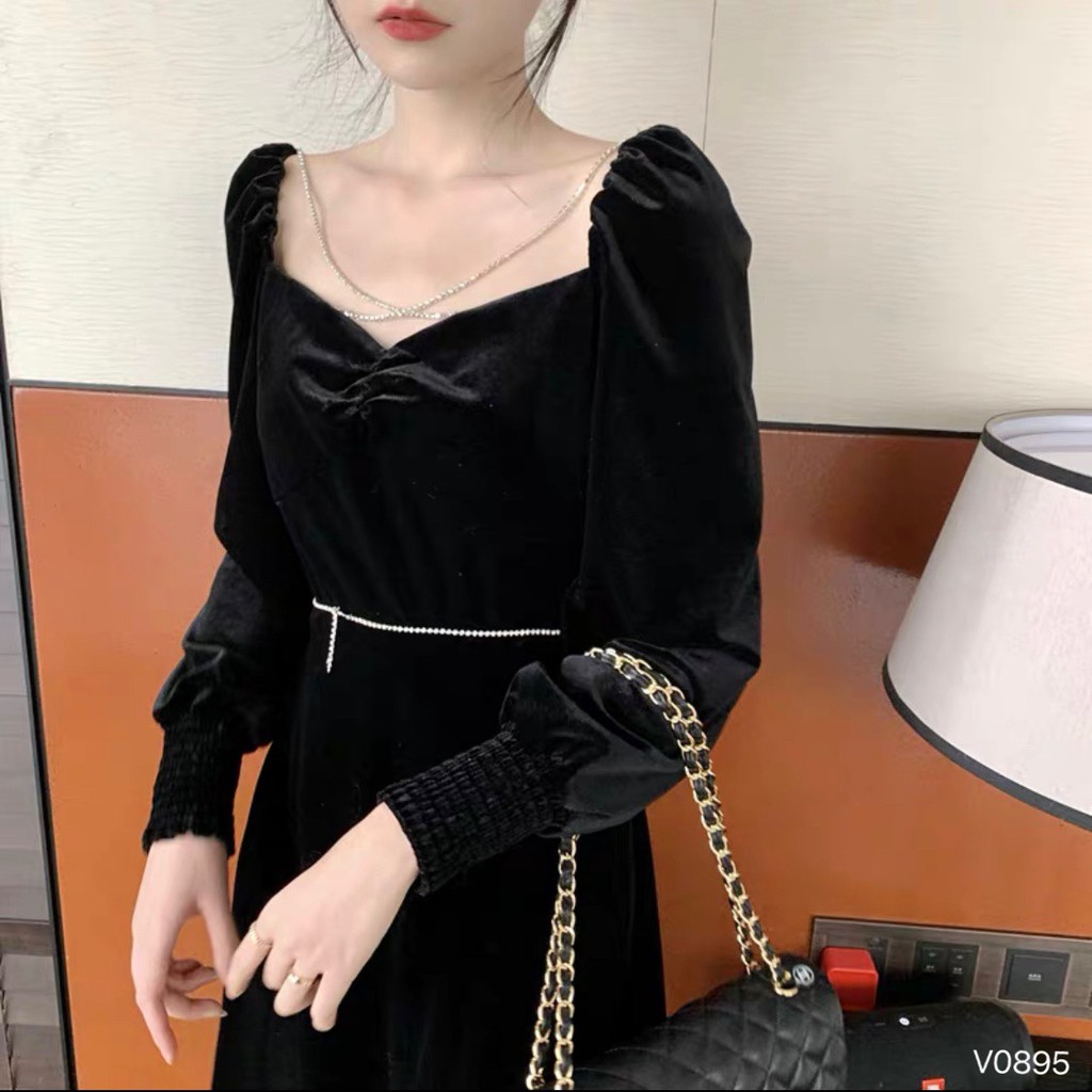 Đầm Cổ Vuông Dây Bling Tay Phồng LSEOUL V0895 Chất Dày Dặn Sang Trọng Kiêu Sa