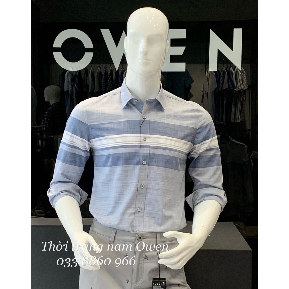 OWEN - Áo sơ mi dài tay Owen Slimfit chất sợi tre kẻ ngang xám xanh 23314