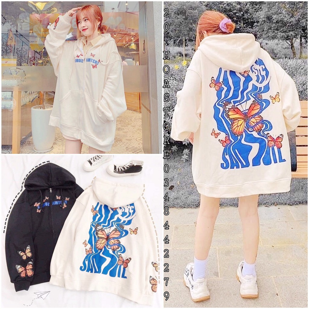 ÁO KHOÁC NỈ BƯỚM SADBOIZ CÓ MŨ - ÁO HOODIE KHOÁ KÉO NAM NỮ ULZZANG COUPLE IN BUTTERFLY AINTCRY