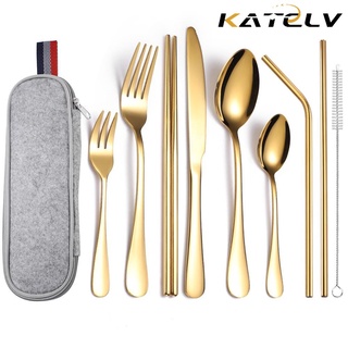 KATELV Bộ 6-9 dụng cụ ăn uống bằng thép không gỉ linh động kèm túi đựng thích hợp đi du lịch