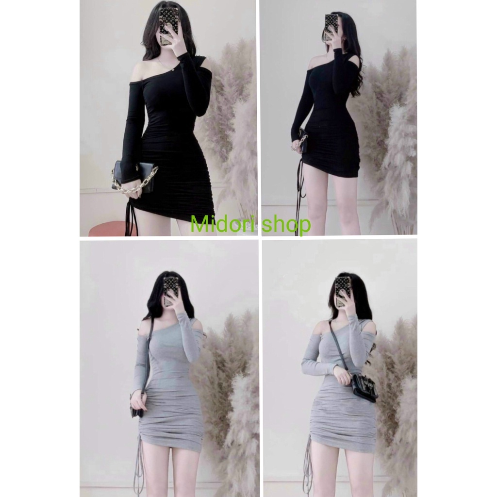 Đầm lệch vai rút dây tay dài 2 màu Đen - Xám chất thun borip dày dặn, váy body rút dây ôm dáng