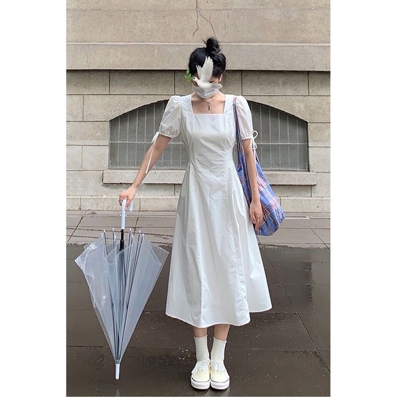 Váy nữ ulzzang mùa hè, đầm trắng cổ vuông thắt nơ tay dáng dài xinh xắn cho đi học, đi chơi siêu xinh