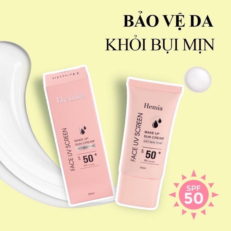 [Chính Hãng] kem chống nắng HEMIA 50ml dưỡng trắng nâng tone SPF50+