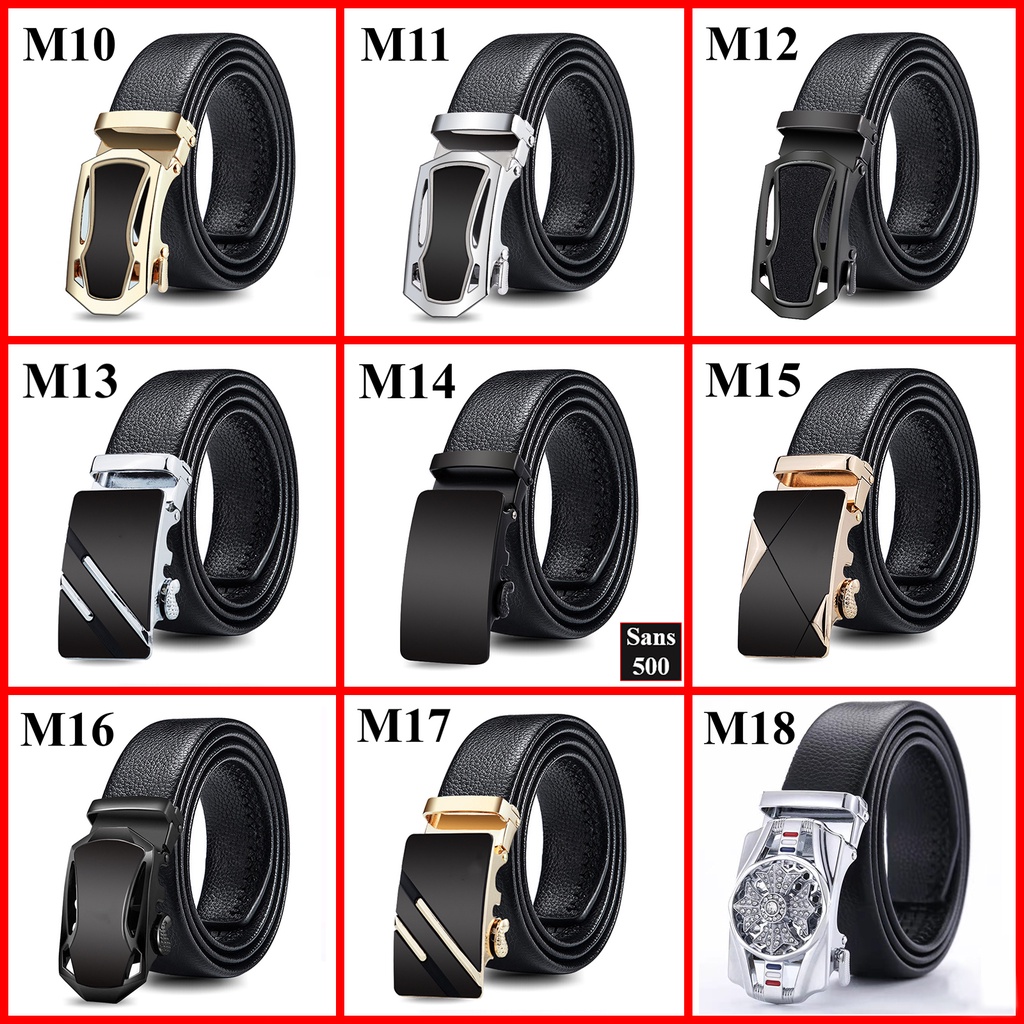 Thắt lưng nam da cao cấp Sans500 dây nịt mặt khoá tự động xoay đính đá đen đẹp sang trọng lịch lãm thời trang full đen