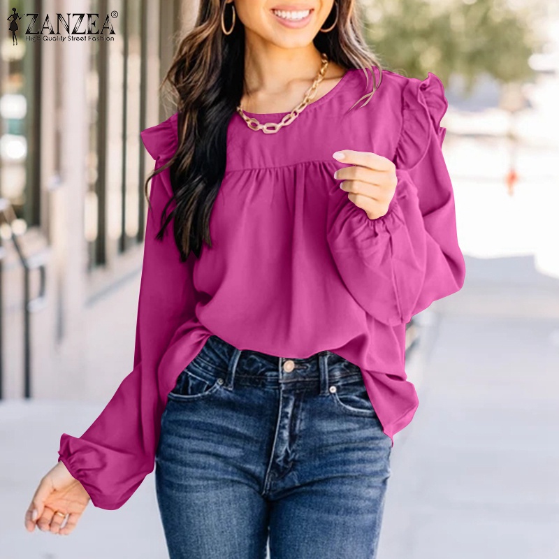 Áo kiểu ZANZEA cổ tròn tay phồng gài nút thời trang cho nữ