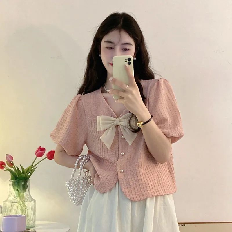 Áo Kiểu Tay Phồng Ngắn Cổ Chữ V Thắt Nơ Phong Cách Hàn Quốc Ngọt Ngào Cho Nữ