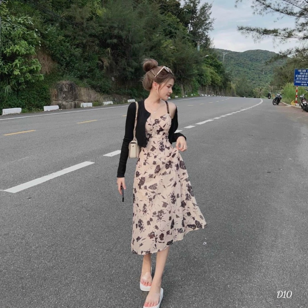 [Đầm sale] Đầm hoa dáng dài đi biển siêu dễ thương với thiết kế 2 dây có cúp ngực phối kèm khoác ngoài tha hồ khoe dáng