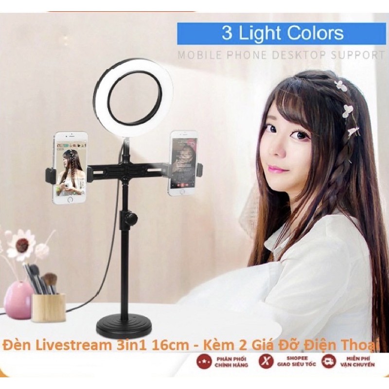 Giá Đỡ 3in1 Đỡ Được 2 Điện Thoại Có Đèn Led LiveStream, Kẹp Điện Thoại Để Bàn Quay Video Tiktok Có Đèn Led 3 Màu | WebRaoVat - webraovat.net.vn