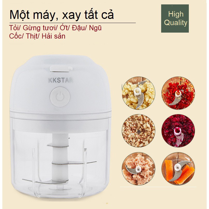 Máy Xay Tỏi Ớt Mini, Máy Xay Thịt, Rau Củ Mini 3 Lưỡi Dao Dung Tích 250ml Không Dây Tiện Lợi Cho Nhà Bếp