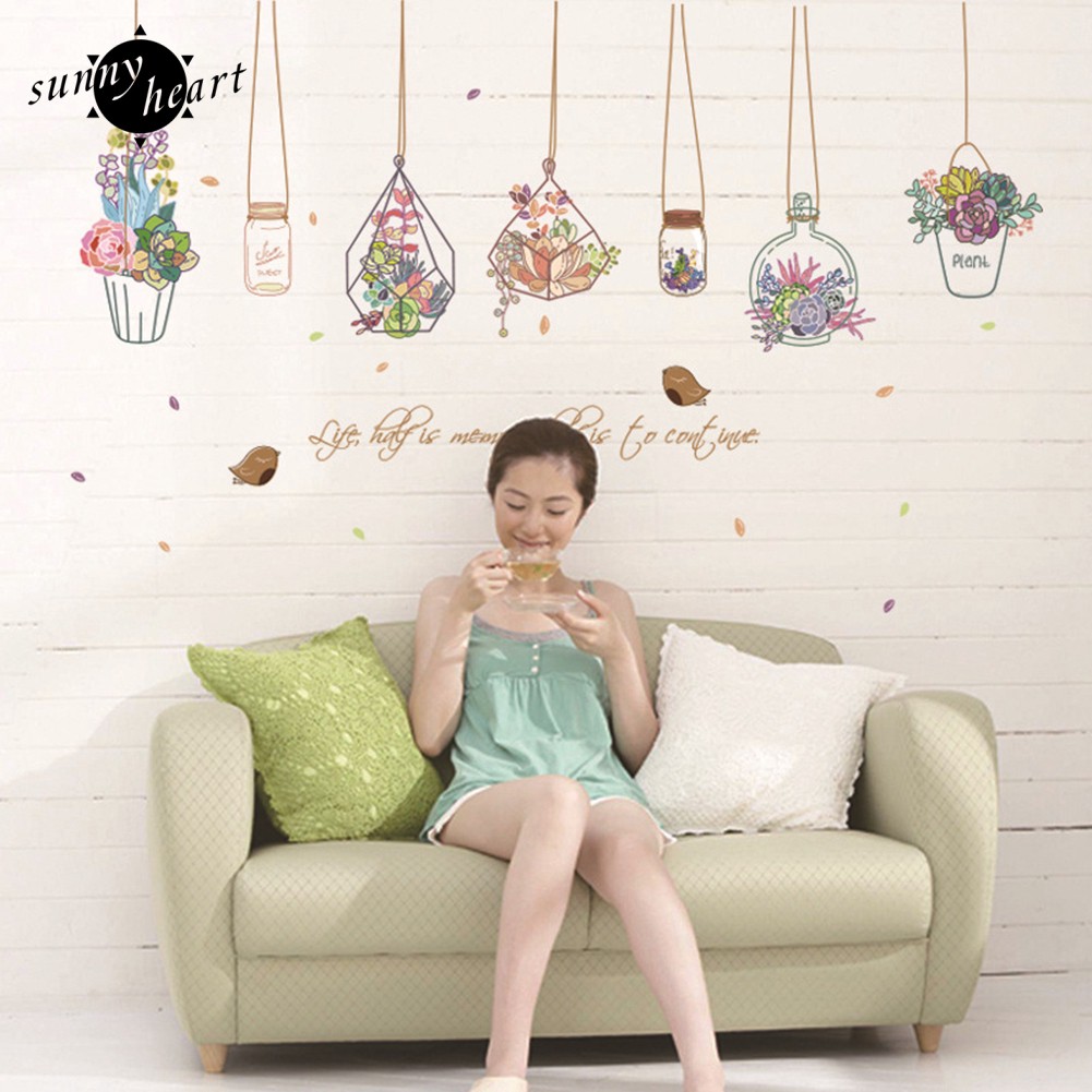 Đề can dán tường họa tiết chậu cây hoạt hình dùng để trang trí cho phòng tắm