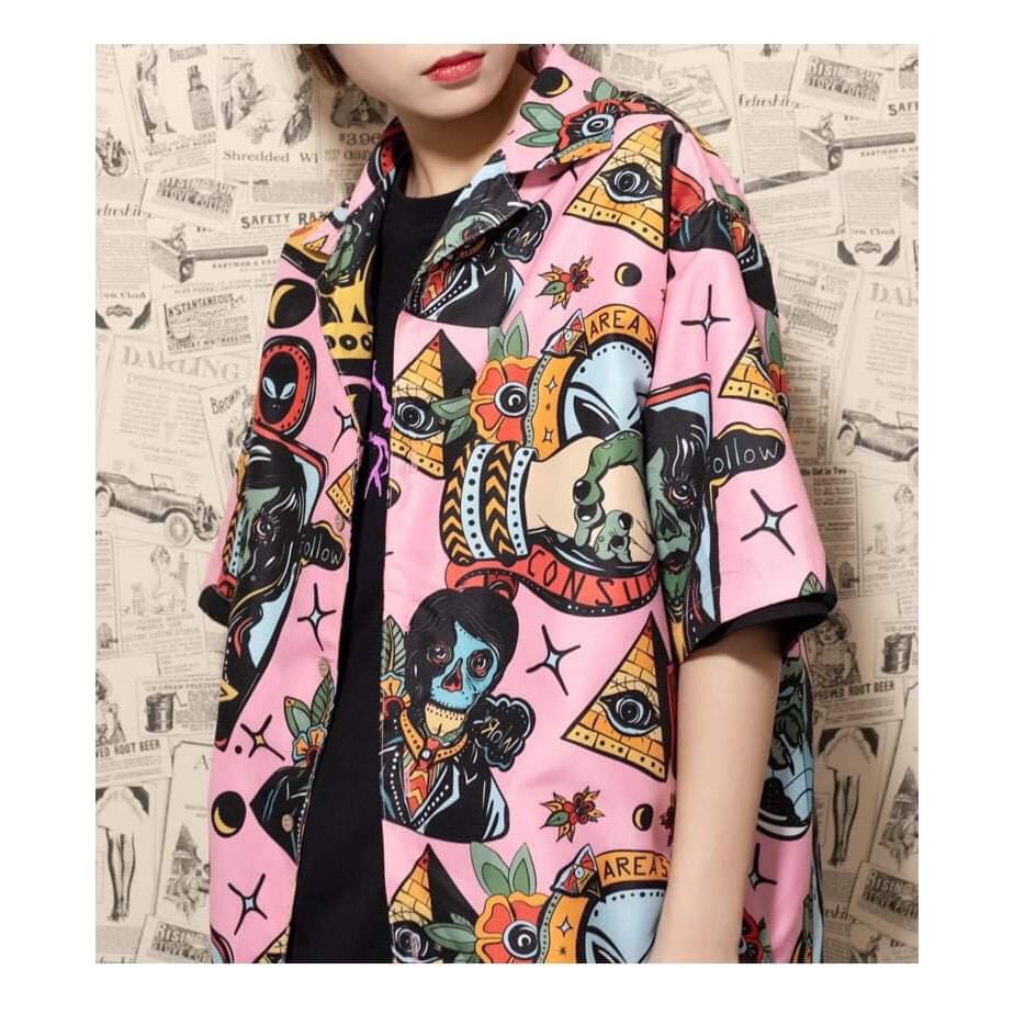 Áo sơ mi nam nữ oversize hình ZOOMBIE XAMH hồng
