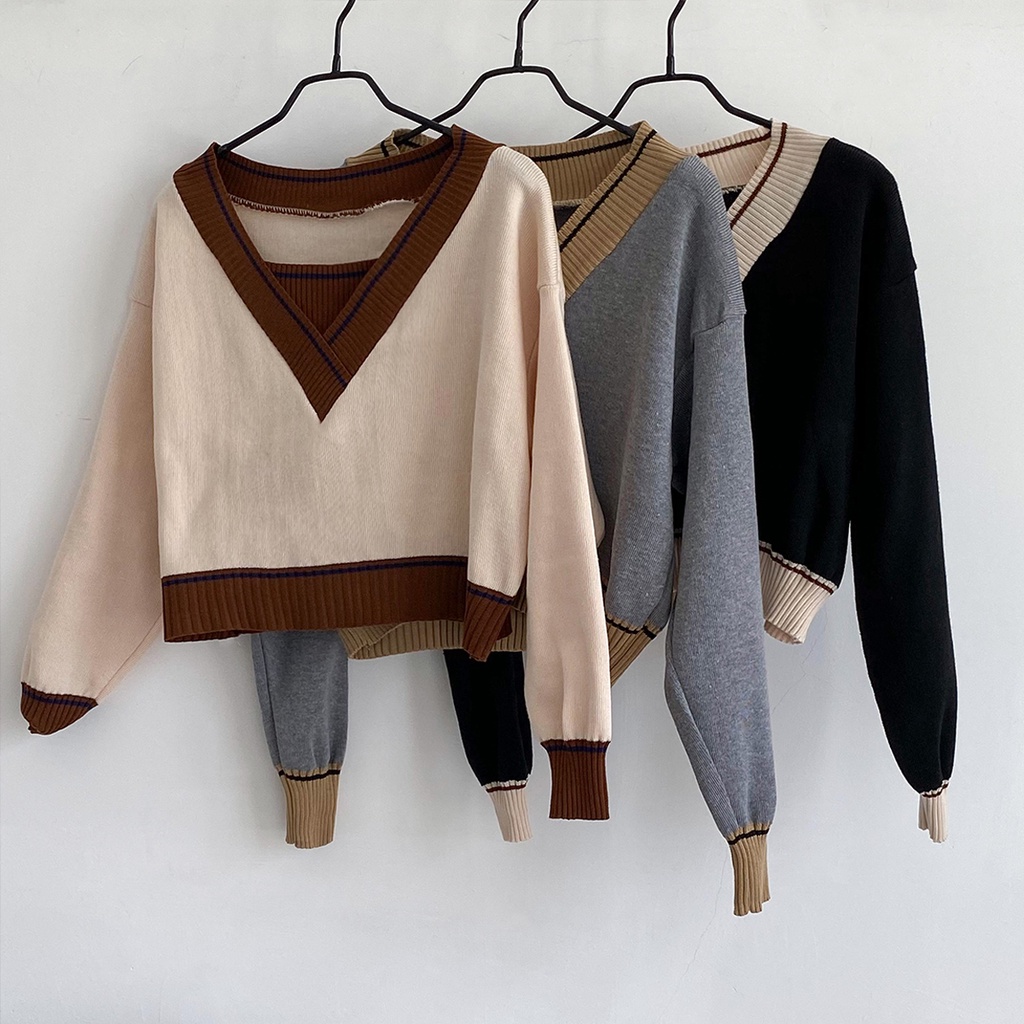 Áo len cổ chữ V form rộng theo phong cách retro Hàn Quốc