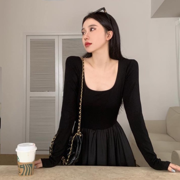[Hana And Alice] Cổ áo vuông màu đen kết hợp với váy dài eo cao mới vào mùa thu