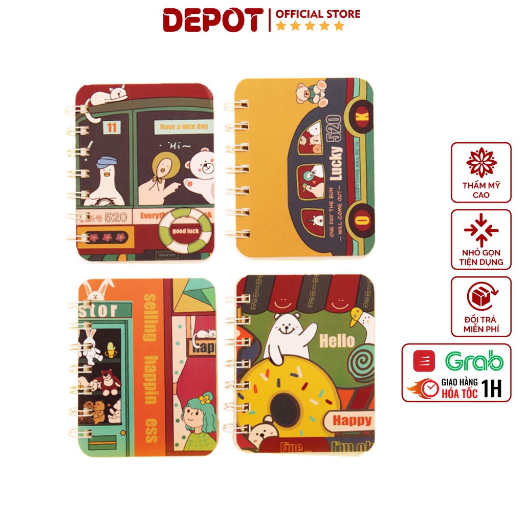 Sổ tay ghi chép DEPOT,  sổ mini ghi chép kế hoạch, công thức, từ vựng gáy lò xo họa tiết cute bỏ túi tiện lợi