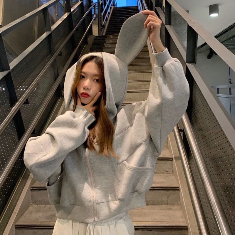 IELGY Áo hoodie dáng rộng có mũ trùm đầu kiểu tai thỏ phong cách Hàn Quốc thời trang cho nữ