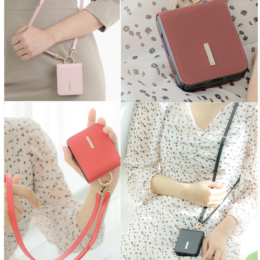 Samsung galaxy z flip 3 4 5 bao da bê có dây đeo - 2 loại / màu đỏ oải hương màu xanh lá cây đen rượu vang hồng giá đỡ bỏ túi có thể đính kèm da bò có dây đeo chéo dài có thể tháo rời