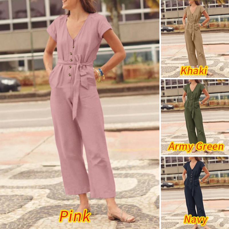 Zanzea Áo liền quần Ngắn Tay Cổ Chữ V Có Túi Phối Thắt Lưng Tháo Rời Được Phong Cách Châu Âu