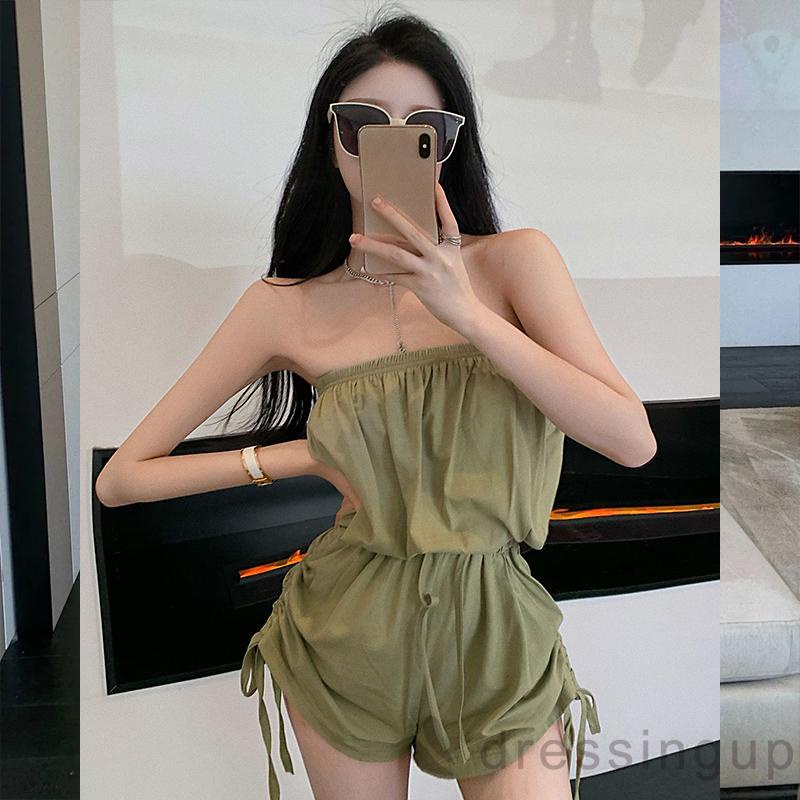 Áo Liền Quần Lưng Cao Trễ Vai Phối Dây Rút Thời Trang Xuân Thu Cho Nữ