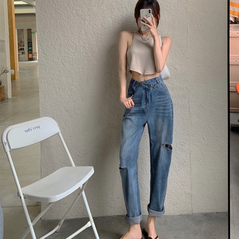 Quần Jean Dài Dáng Rộng Thiết Kế Rách Thời Trang Cá Tính