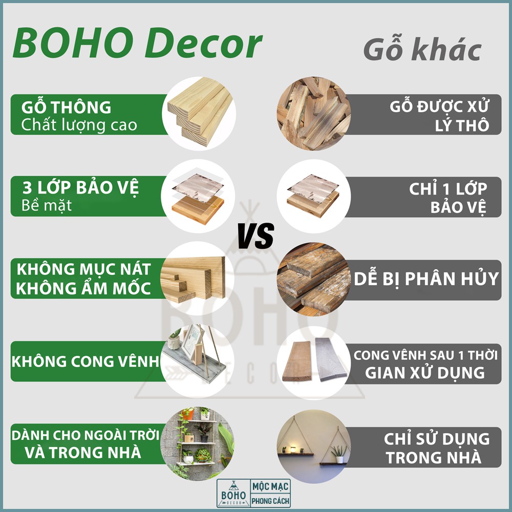 [Hàng Xuất Khẩu] Kệ Treo Tường BOHO DECOR, Trang Trí Nhà Cửa Phong Cách Giả Cổ Độc Đáo, Gỗ Tự Nhiên 45 x 15 cm, Trắng