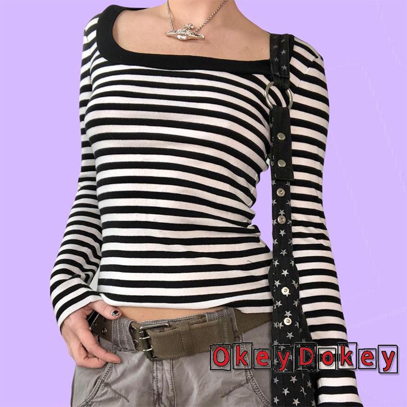 Áo thun tay dài cổ vuông họa tiết kẻ sọc thời trang cho nữ