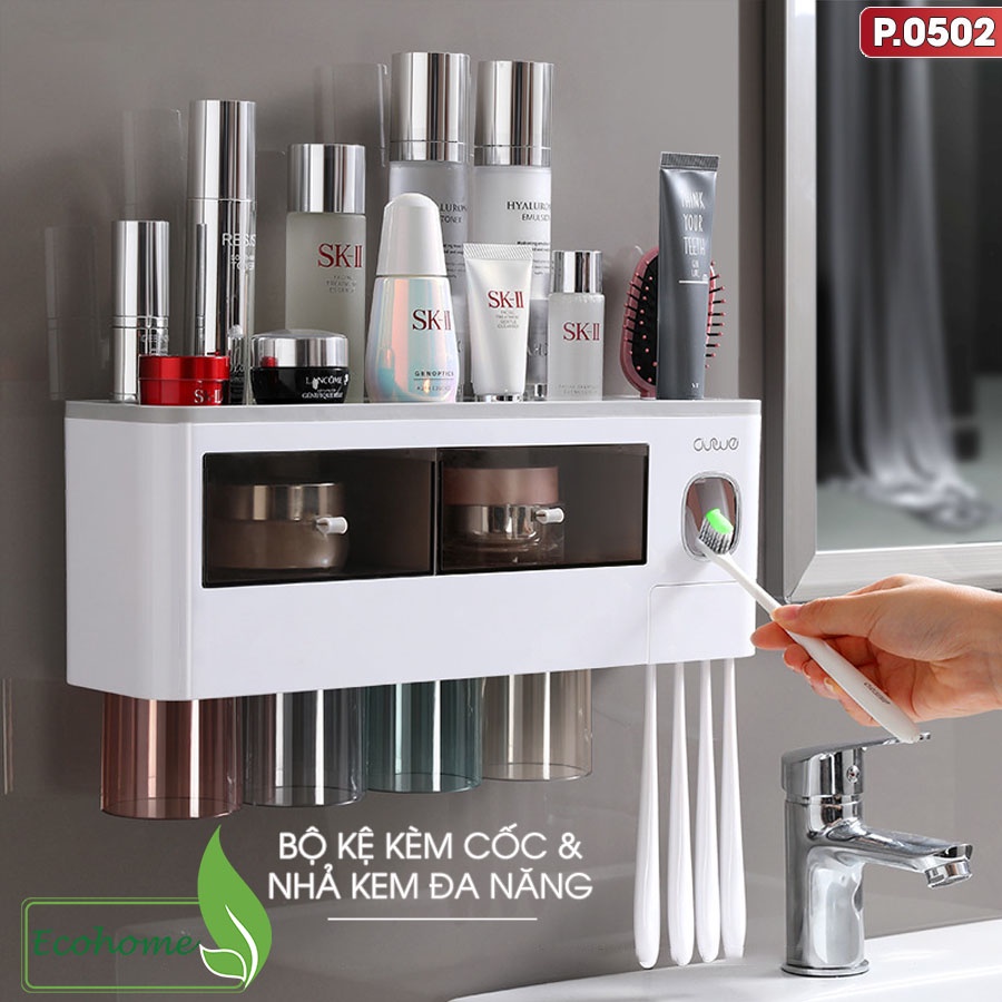 Bộ Gồm Nhả Kem Đánh Răng Tự Động, Giá Treo Bàn Chải Đánh Răng & Kệ Phòng Tắm Dán Tường | Kèm Cốc Nhựa ABS Cao Cấp | OEON