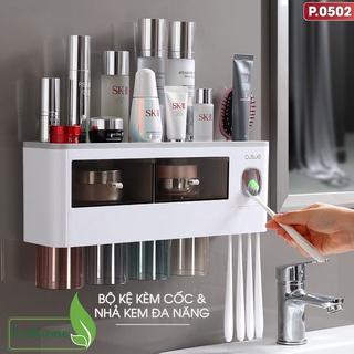 Bộ gồm nhả kem đánh răng tự động, giá treo bàn chải đánh răng & kệ phòng tắm dán tường | kèm cốc nhựa abs cao cấp | oeon