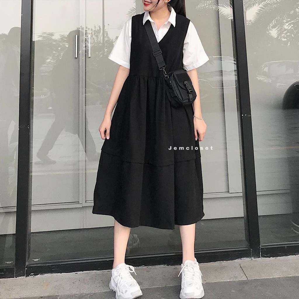 Yếm váy dài JEMCLOSET 2 màu Đen &amp; Nâu Anko Chất Liệu Nhung Mĩ Dáng Váy Chữ A Bồng Bềnh Dễ Thương Mềm Mại - 7145