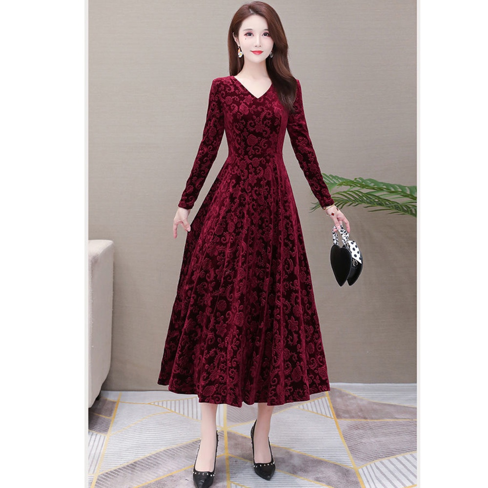 Đầm Nhung Tay Dài Dáng Chữ A Ôm Eo Thời Trang Mùa Thu Phong Cách Cổ Điển
