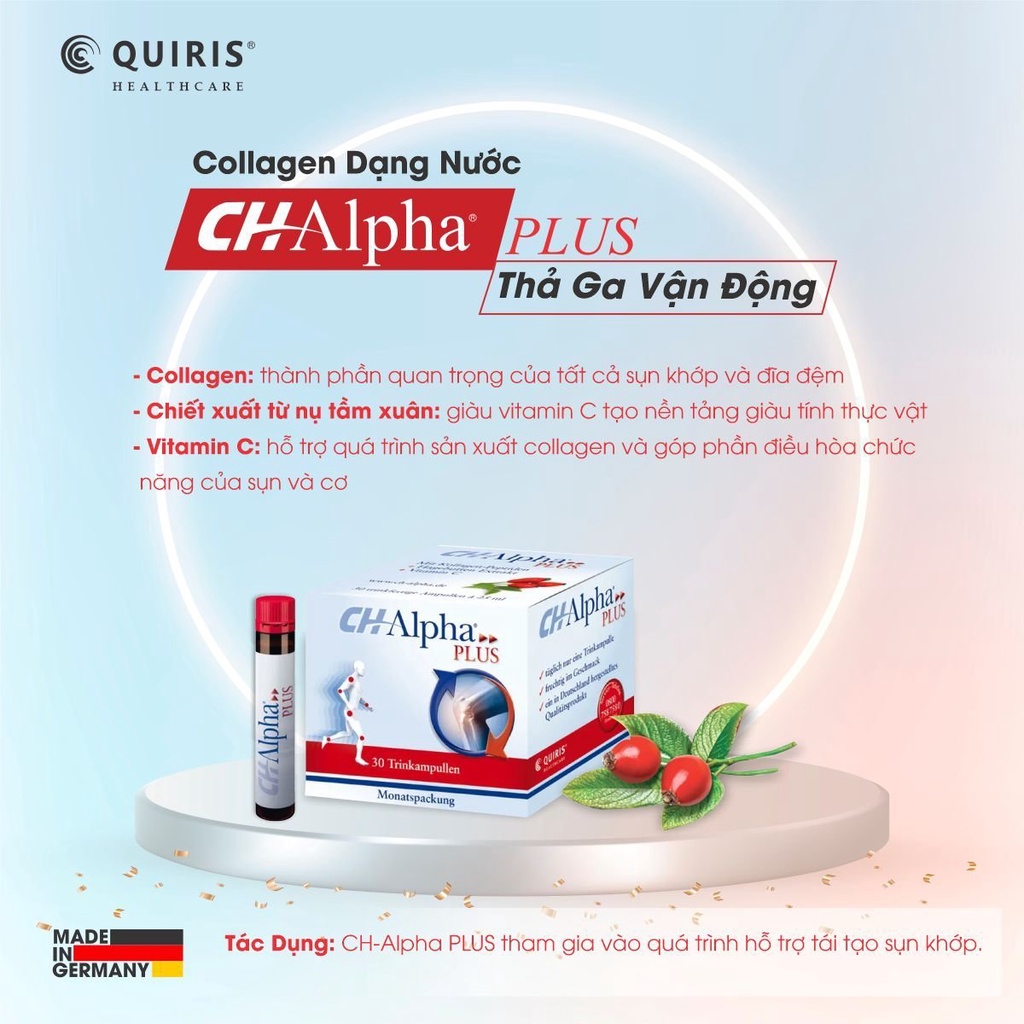 Collagen dạng nước hỗ trợ xương khớp hoạt động hiệu quả.- QUIRIS CH-ALPHA® PLUS – Hộp 30 ống x 25ml