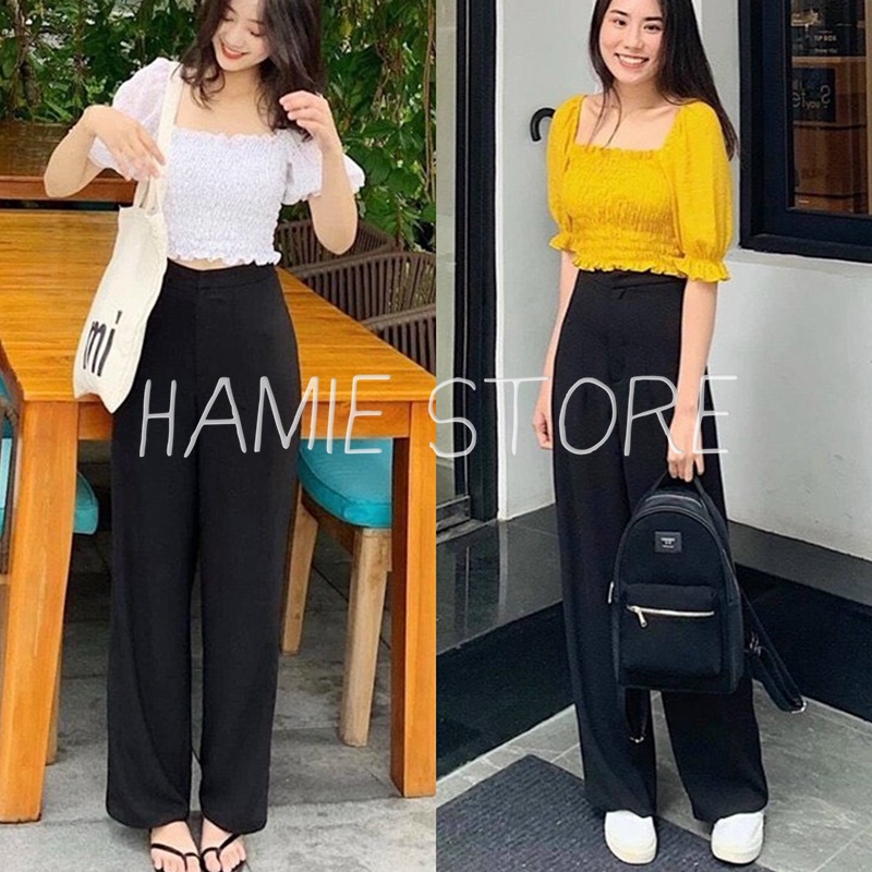 Set bộ nữ áo croptop tay bồng cổ vuông bo chun kết hợp quần ống suông cạp cao quần clutch ống rộng HSG124,set bộ du lịch