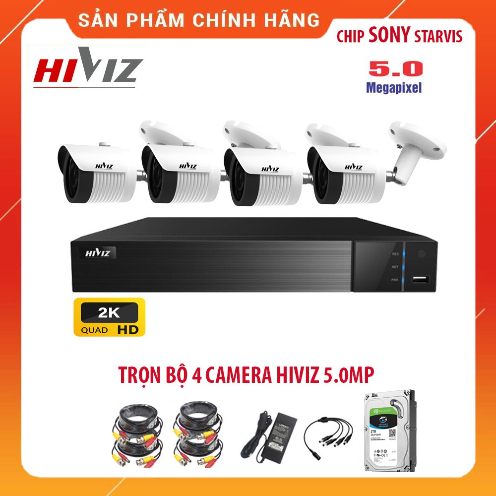 Trọn Bộ Camera giám sát HIVIZ 5.0MP chính hãng ,Đủ bộ 4 mắt 5.0MP, Kèm HDD 500GB và đầy đủ phụ kiện lắp đặt