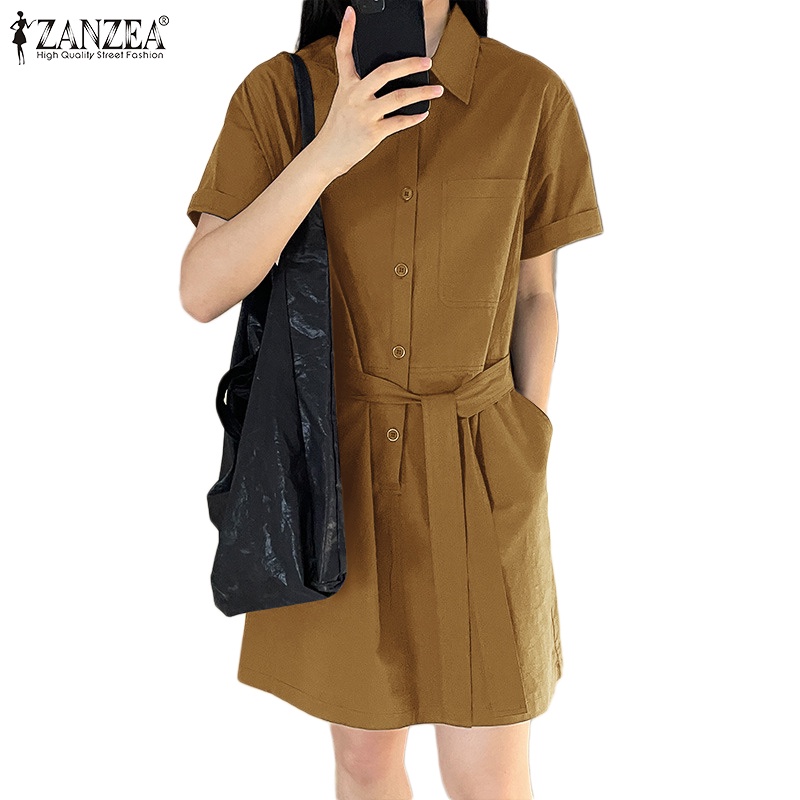 Zanzea Đầm Mini Ngắn Tay Phối Thắt Lưng Tháo Rời Được Phong Cách Công Sở Thời Trang Thường Ngày Cho