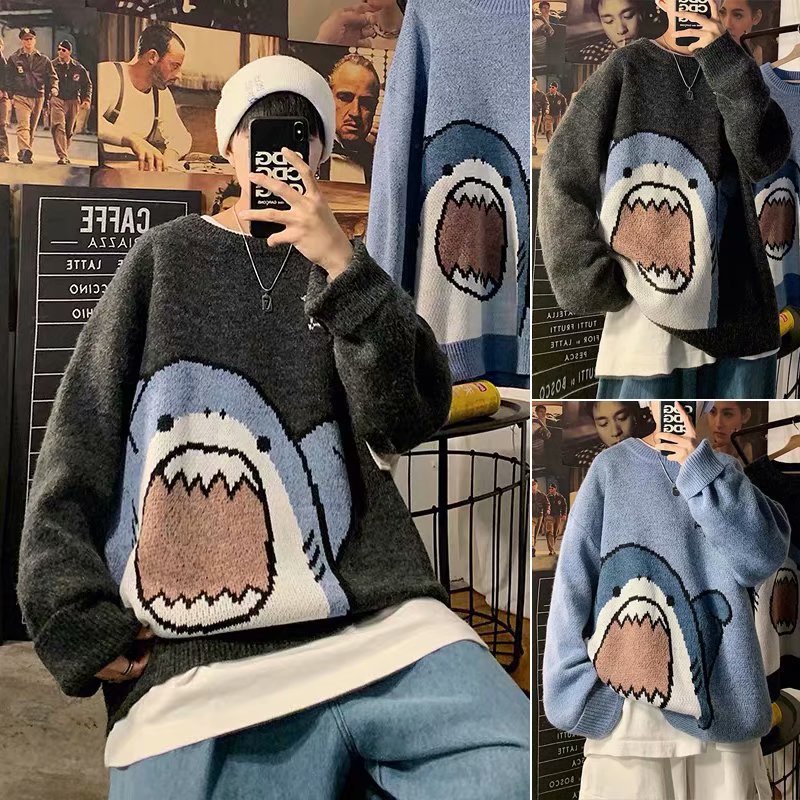 Áo Sweater Dệt Kim Dáng Rộng In Hoạt Hình Cá Mập Thời Trang Thu Đông Hàn Quốc Cho Nữ TF2