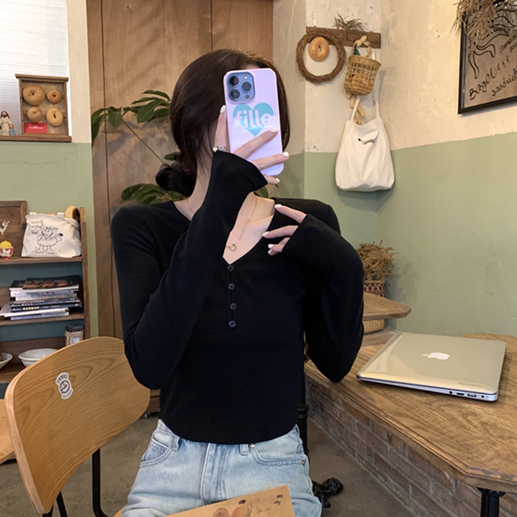 Áo thun Peppermint 56795 tay dài cổ chữ V dáng ôm thời trang thu đông phong cách Hàn Quốc