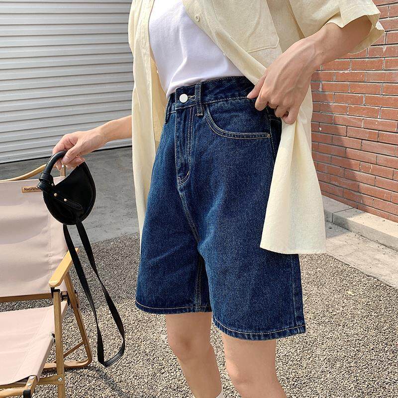 Quần Short denim Lưng Cao Ống Rộng Màu Xanh Dương Đậm Thời Trang Cho Nữ