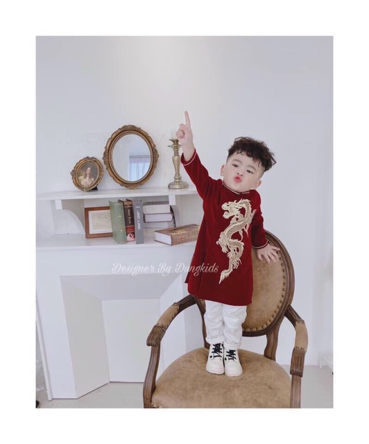 Cặp áo dài cách tân nhung cho bé trai và bé gái  9- 26kg có ảnh thật