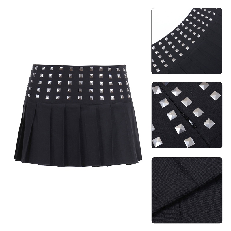 Chân Váy Mini Xếp Ly Lưng Thấp Đính Đinh Tán Màu Đen Phong Cách Gothic Punk Quyến Rũ Cho Nữ Y2k