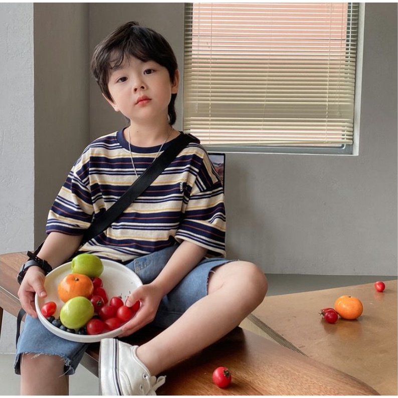 Áo thun cotton sọc đen phong cách Hàn Quốc cho bé A916