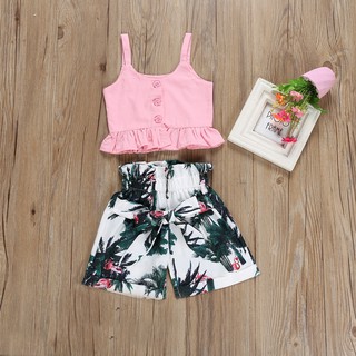 Bộ áo crop top không tay + quần ngắn phối họa tiết đẹp mắt thời trang cho bé gái