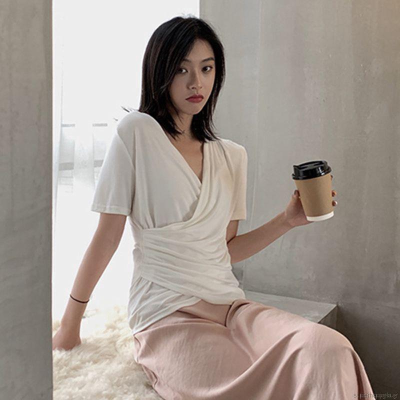 Áo Thun Nữ Tay Ngắn Cổ Chữ V Màu Trơn