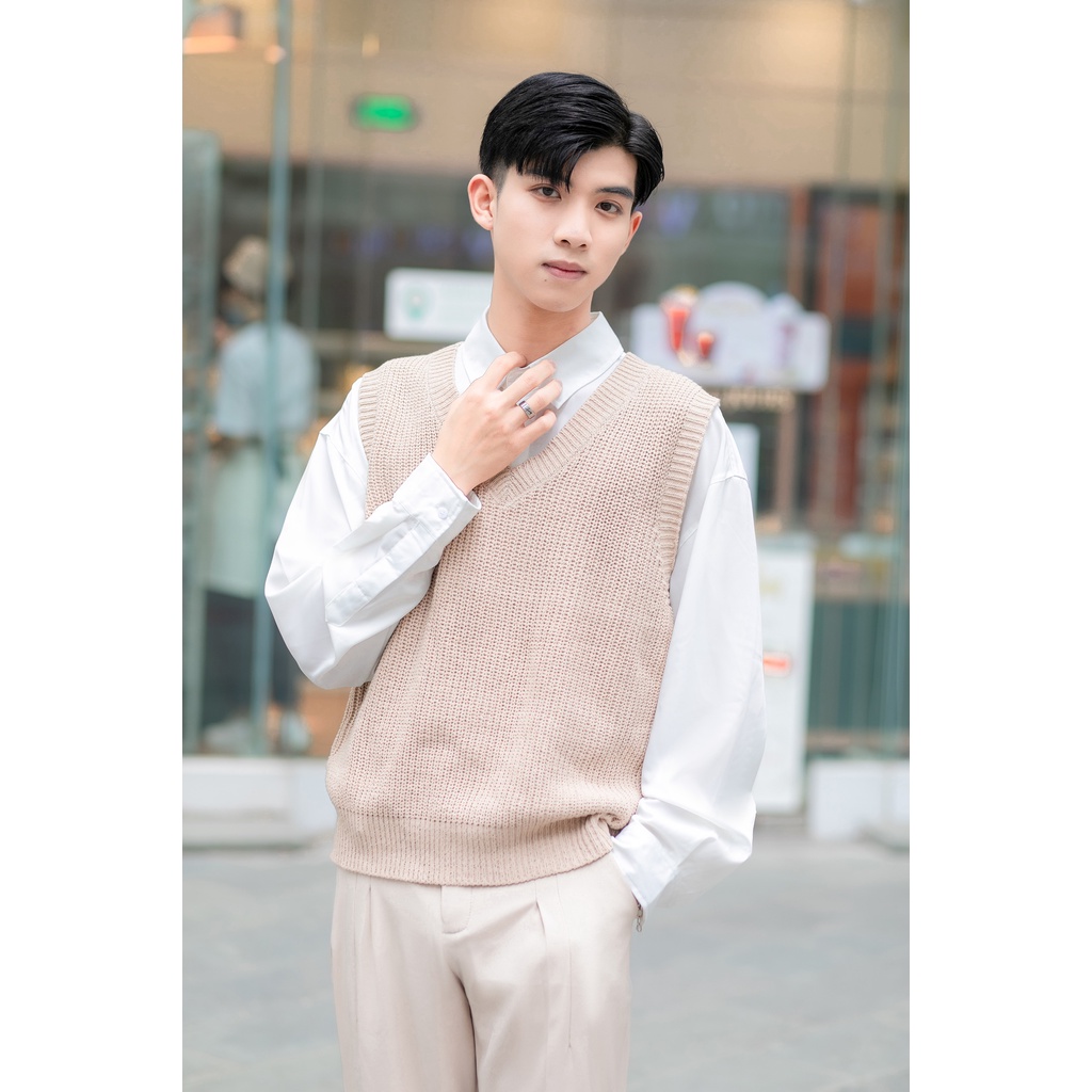 Áo Gile Len Nam MANDO 2 Màu Đen Nâu Form Rộng Cổ Tim Basic Thời Trang Hàn Quốc Unisex ALN57