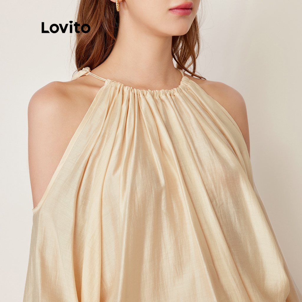 Bộ quần short Lovito Plain Cut Out Plicated Ren Up Dễ thương L27AD103 (Kaki nhạt)