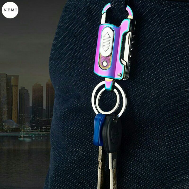 Quẹt điện móc khóa inox oto xe máy đa năng cao cấp có đèn pin