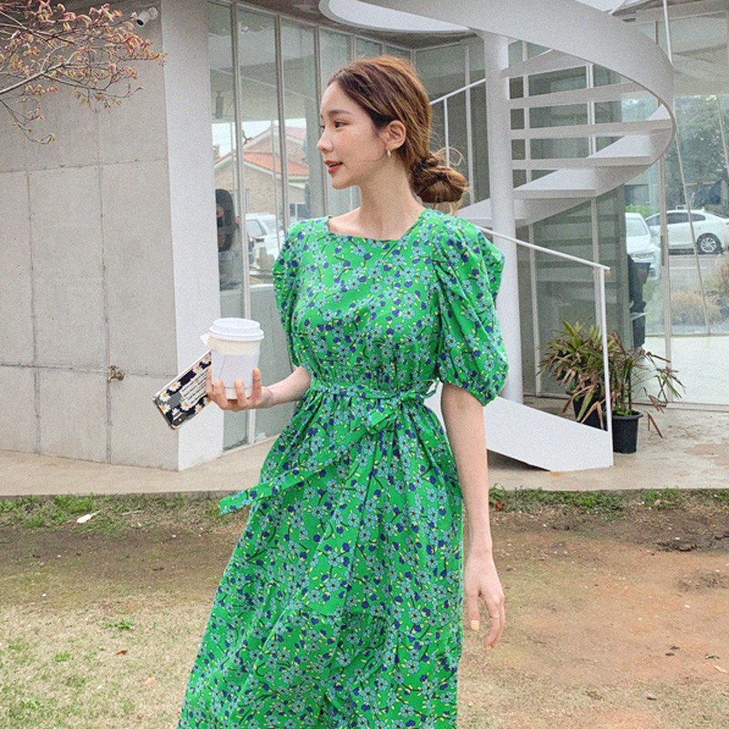 ♠Mùa hè Hàn Quốc cổ vuông màu xanh lá cây điển váy hoa với dây thắt lưng và gió nhẹ nhàng tay áo phồng dài m
