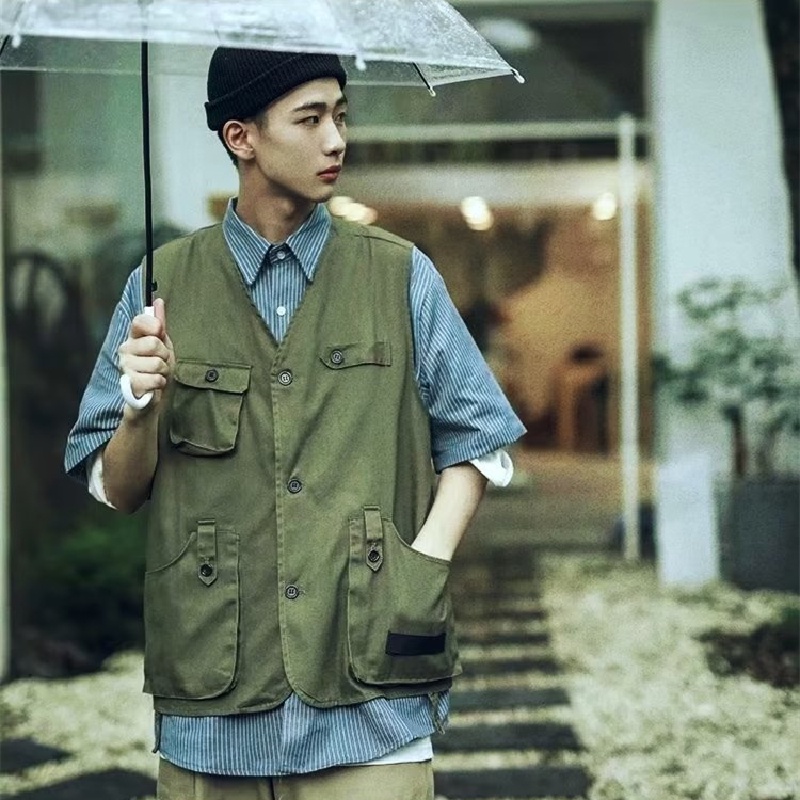 Áo Sơ Mi Không Tay Dáng Rộng Thoải Mái Nhiều Túi Phong Cách Hip Hop Đường Phố Nhật Bản Cho Nam [M-2XL]