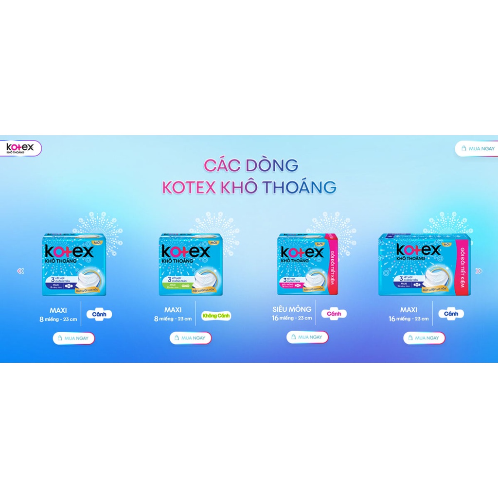 Băng Vệ Sinh Kotex Khô Thoáng Maxi Dày Cánh 23cm 16 Miếng Maxi Tặng 1 Gói Ban Đêm 28cm 3 miếng