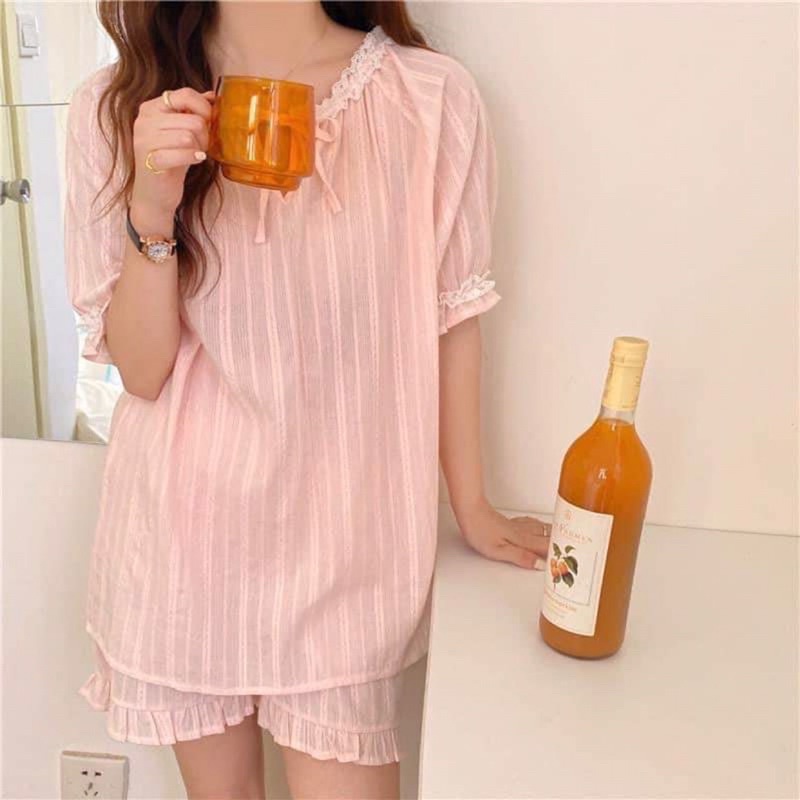 [Ảnh thật/Video]Bộ ngủ mặc nhà cute có hai màu Bộ ngủ thiết kế viền ren cộc tay Hàn Quốc | BigBuy360 - bigbuy360.vn