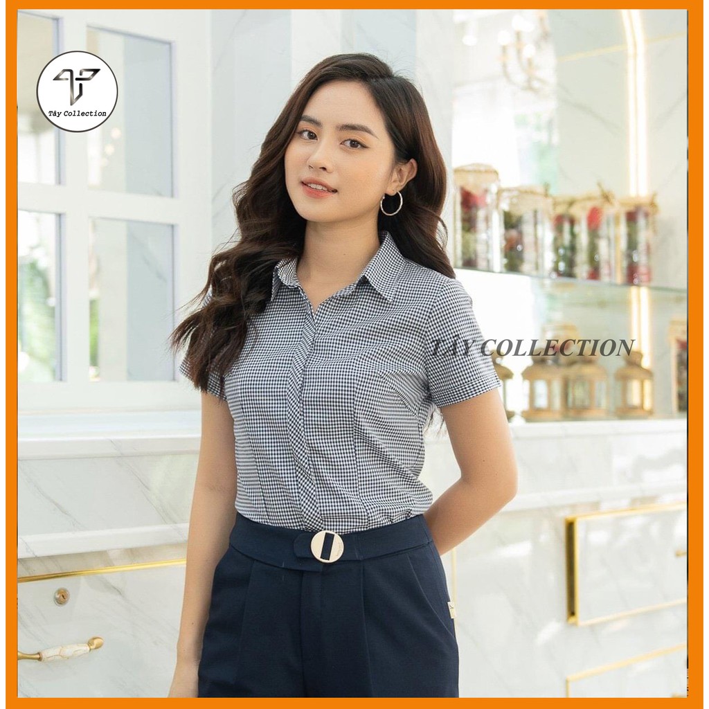 Sơ mi trắng ngắn tay họa tiết sọc caro vải lụa nhập mịn đẹp có co giãn