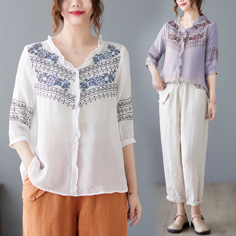 ☻ L O T U S ☻ Áo Kiểu Cổ Chữ V Thêu Họa Tiết Plus Size CAL1792
